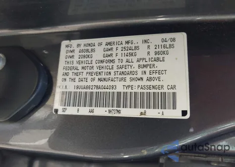 2008 Acura Tl 3.2 из США, поврежденный, VIN 19UUA66278A044093